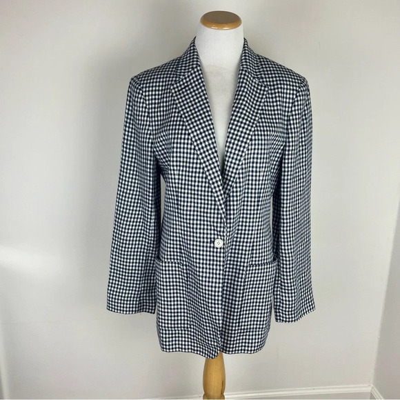 Lauren Ralph Lauren 100% Linen Plaid Checkered Jacket Blazer Black White Size 10 - Picture 1 of 5